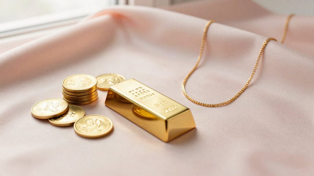 سکه طلا، شمش طلا و زنجیر ظریف روی ابریشم صورتی — سرمایه‌گذاری در طلا
